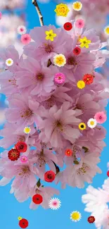 Colorful spring blossoms against a sky blue background, with pink and yellow flowers.