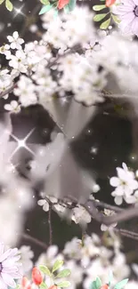 Dreamy phone wallpaper with spring blossoms and sparkles.