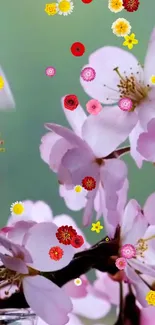 Pink cherry blossoms with colorful highlights on a green background.