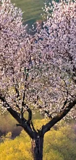 Beautiful spring tree with white blossoms and a green background.