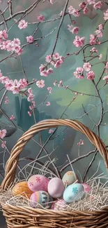 Wicker basket with Easter eggs beneath cherry blossoms.