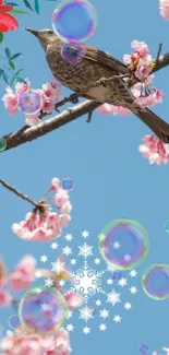 A bird sits on cherry blossom branches against a bright blue sky.