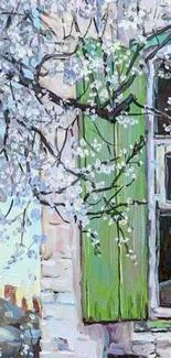 Rustic window with green shutters and spring blossoms.