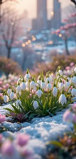 Snowy landscape with spring flowers blooming and city skyline in the background.