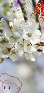 Spring blossoms with a butterfly and bird on a branch.