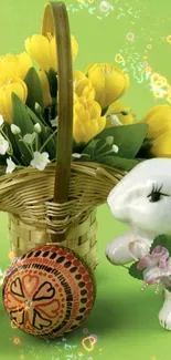 White bunny with tulips and Easter eggs on green.