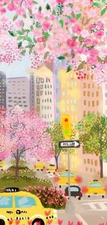 Colorful cityscape with cherry blossoms and taxis in spring.