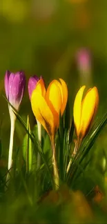 Vibrant crocus flowers amidst green grass in spring wallpaper.