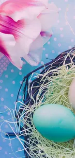 Spring-themed mobile wallpaper with pastel Easter eggs and vibrant tulip flowers.