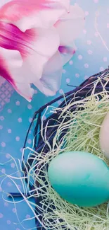 Colorful Easter eggs in a decorative nest with pink flowers on a light blue background.