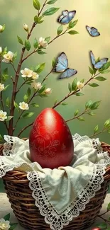 Spring basket with red egg and butterflies.