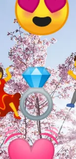 Dancing emojis with cherry blossoms in the background, romantic and vibrant.