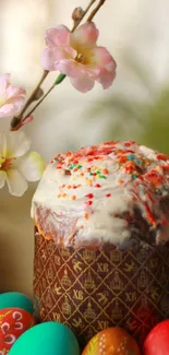 Spring cake with flowers and colorful eggs.