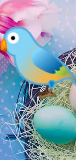 Blue cartoon bird with Easter eggs and pink flowers wallpaper.