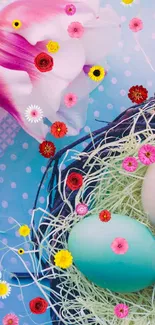 Colorful Easter eggs in a nest with tulips on a pastel background.