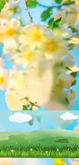 Spring flowers with scenic background and blue sky.