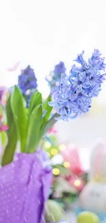 Lavender flowers with Easter decorations in a soft natural setting.