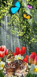 Enchanting forest scene with flowers and butterflies in sunlight.