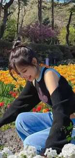 Woman enjoying a sunny day in a tulip-filled garden.