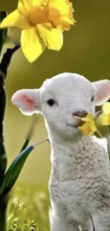 Cute lamb amidst yellow daffodils in springtime on a green backdrop.