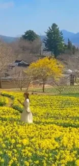 A serene meadow with yellow flowers and a clear blue sky.