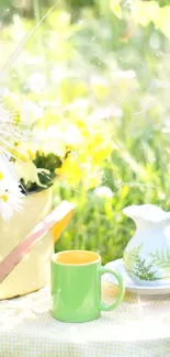 Bucket of daisies and daffodils in a green meadow.