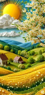 Vibrant landscape with sun, flowers, and cottages.