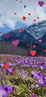 Purple flower field with hearts and snowy mountains.