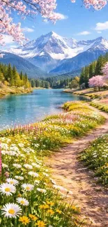 Spring mountain landscape with flowers, river, and blue sky.