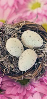 Bird's nest with eggs on pink flowers wallpaper.