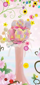 Pastel spring wallpaper with Easter eggs and flowers.