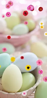 Mobile wallpaper with pastel eggs and flowers, perfect for spring decor.