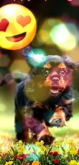 Puppy running in a lush green meadow with spring flowers.