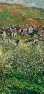 Impressionist spring landscape with a village set against green hills.