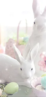 Porcelain bunnies with pastel eggs and flowers.