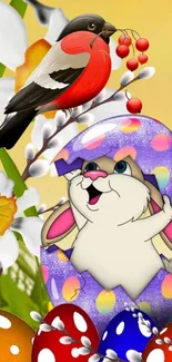 Colorful wallpaper with a bunny, bird, and spring elements.