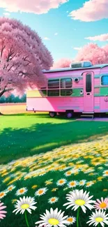 Pink camper van under cherry blossoms in a vibrant spring landscape.