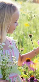 Child in flower-filled meadow during spring.