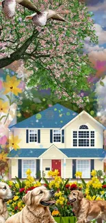 Springtime scene with dogs, flowers, house, and cherry blossoms.