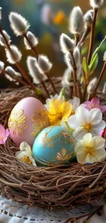 Decorative nest with Easter eggs and flowers.