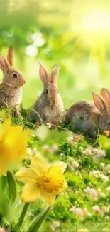 Rabbits in a meadow with daffodils and sunlight.