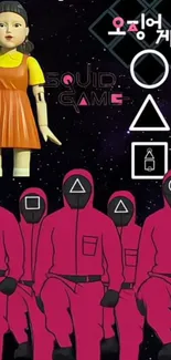 Squid Game art with characters and symbols.