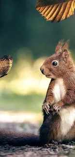 Charming squirrel and butterfly in forest setting wallpaper.