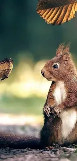 Squirrel gazing at a butterfly in a green forest setting.