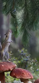 Squirrel standing on mushrooms in a lush green forest.