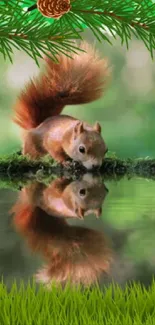 Squirrel's reflection in calm forest pond with vibrant green surroundings.