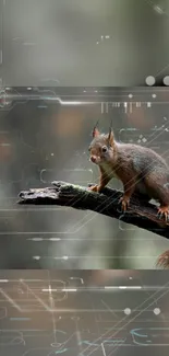 Squirrel perched on branch with digital art overlay.