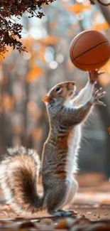 Squirrel playing basketball in autumn setting.
