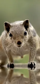 Squirrel standing on a reflective surface with a blurred background.