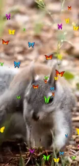 Squirrel with colorful butterflies in a vibrant natural setting.